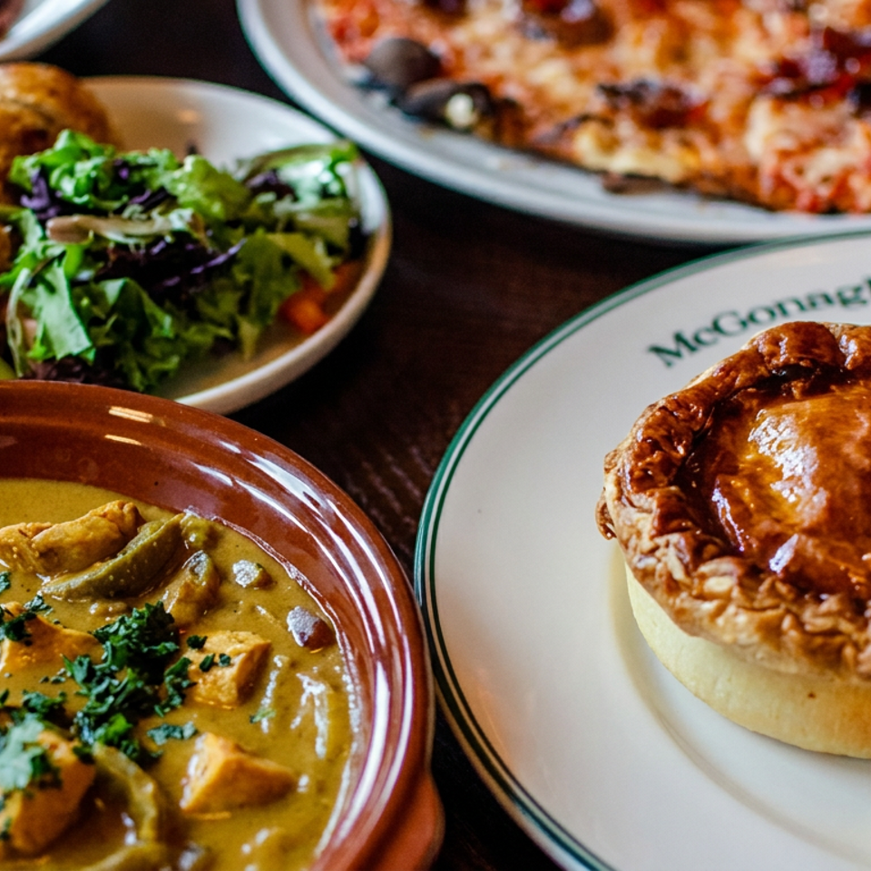 Assorted comfort foods include a meat pie, curry, salad, roasted vegetables, and pizza served on a restaurant table.