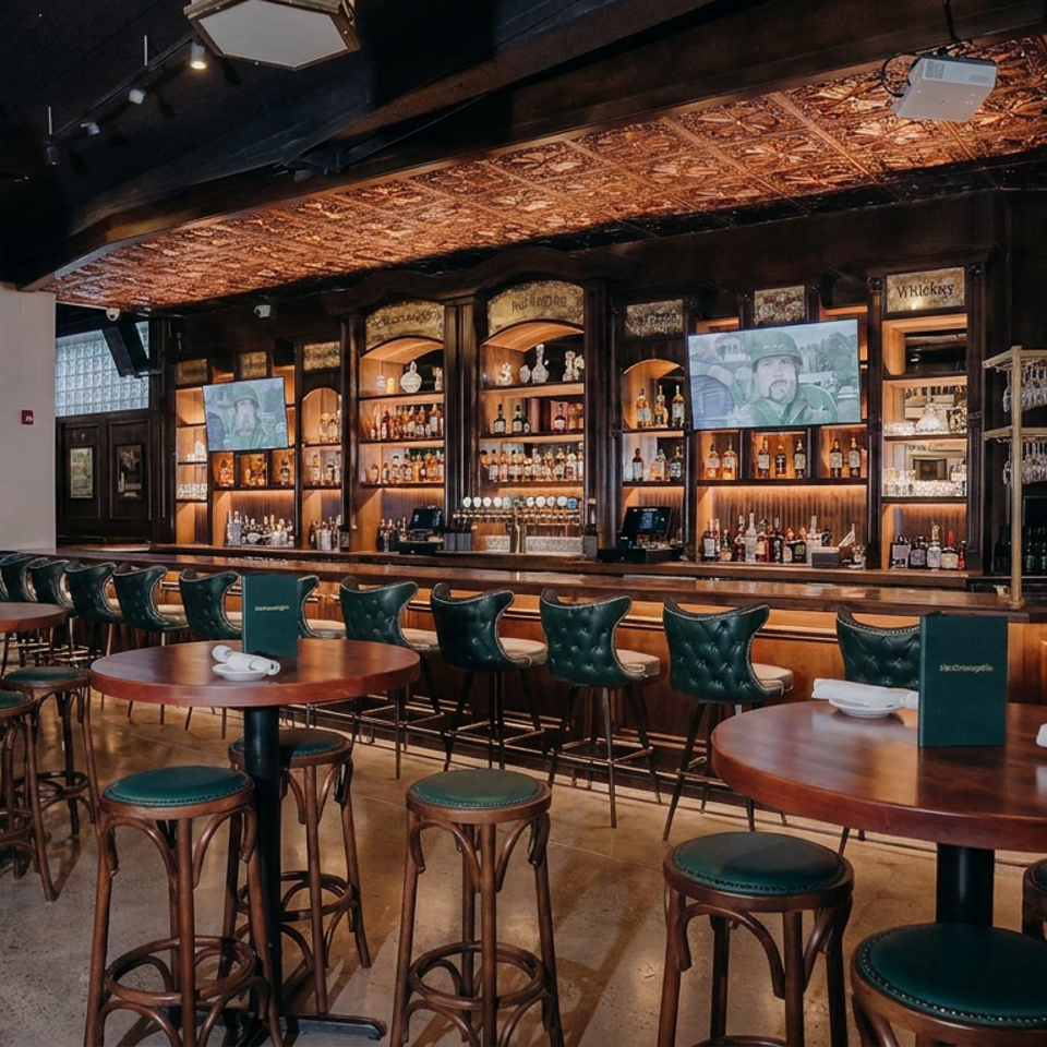 Elegant Irish pub interior with wooden bar, leather stools, round tables, whiskey shelves, Guinness sign, and hanging lanterns.