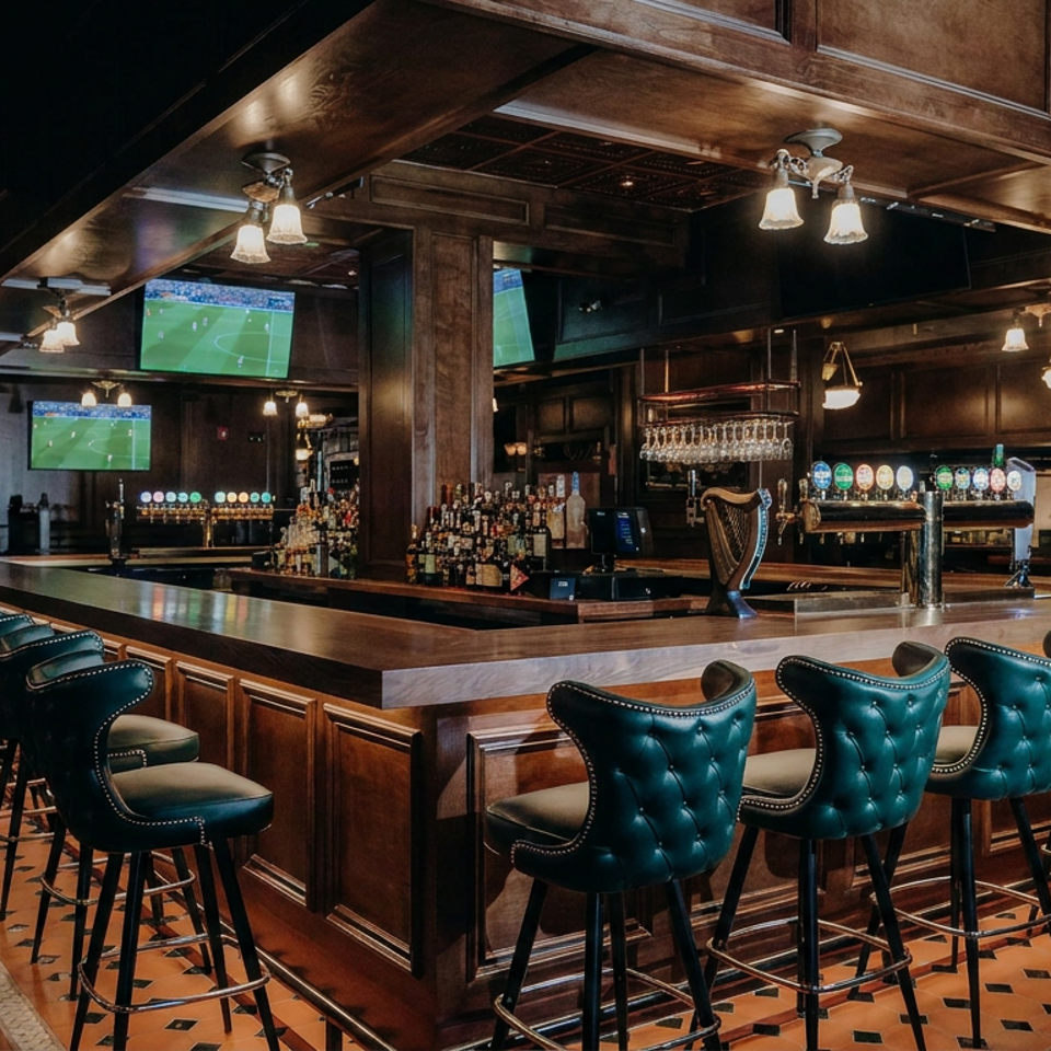 Dark wood pub interior with teal leather bar stools, multiple televisions, beer taps, liquor shelves, and a polished central bar.