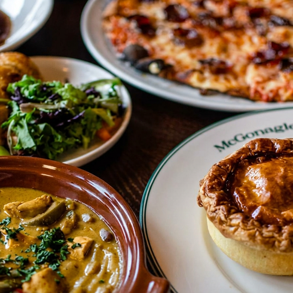 Assortment of savory pies, pizza, creamy chicken stew, roasted vegetables, salad, and mashed potatoes on restaurant plates.