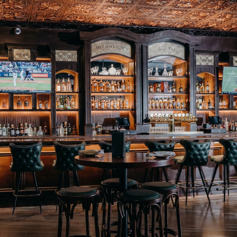 Elegant sports bar with whiskey bottles, leather bar stools, ornate tin ceiling, and televisions showing baseball and football.