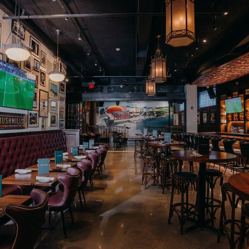 Stylish Irish pub dining room with leather booths, set tables, framed artwork, televisions, and a fully stocked illuminated bar.