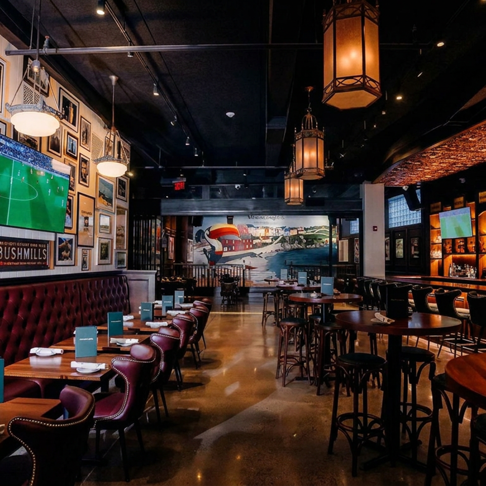 Moody sports bar interior with red leather booths, framed artwork, televisions, pendant lanterns, and a fully stocked bar.