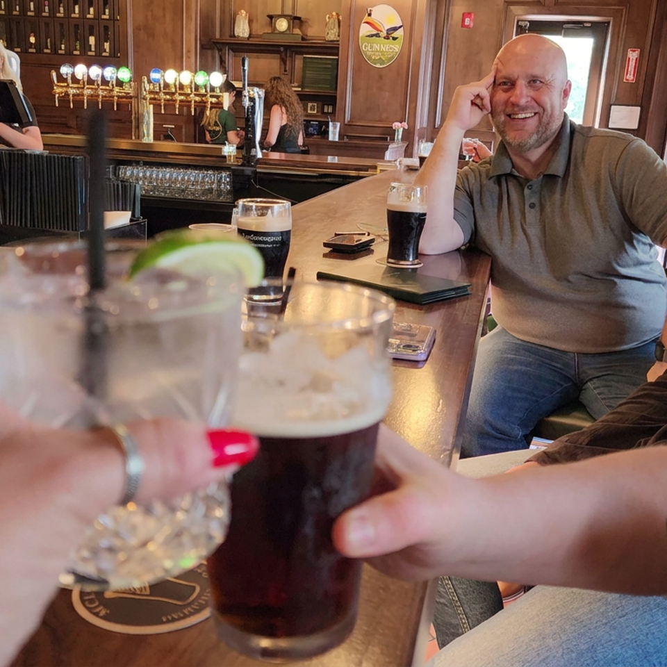 Friends raise cocktails and stout beers at a warmly lit pub bar, with bartenders, taps, and liquor bottles in the background.